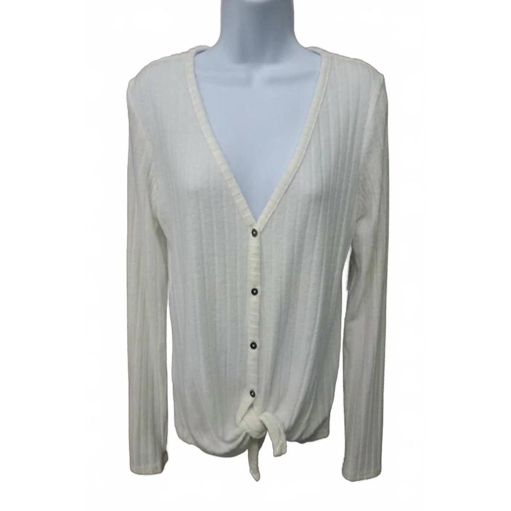 NEW B FLAWLESS women's ribbed button down v neck tie front top in white